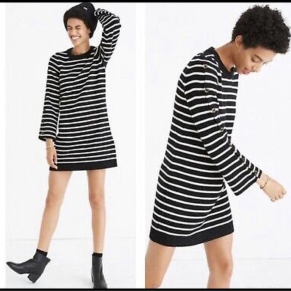 Madewell Button-Sleeve wool Sweater-Dress in Stripe H3615‎